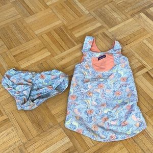 Reversible swim dress and bottom.